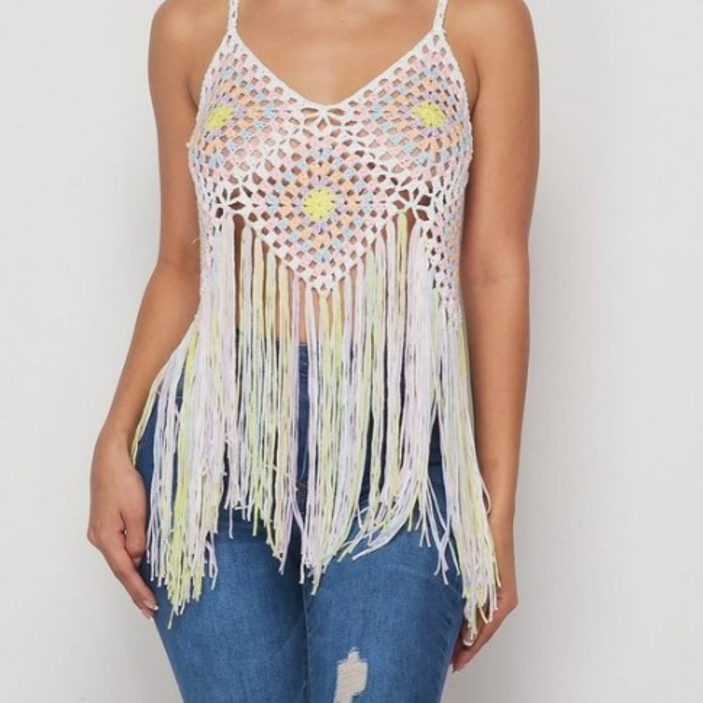Spaghetti Strap Crochet Fringe Top